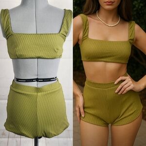Fella Australian Vacation Textured Ribbed High Waisted Bikini Set Olive Green M